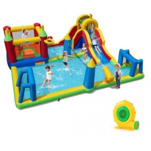 Pripučiama pilis + 680 W pūstuvo komplektas, vandens batutas su vandens čiuožykla, laipiojimo siena ir vaikišku baseinėliu